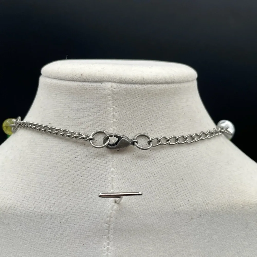 Silver-Tone Green‎ Peridot Tourmaline Station Statement Beaded Lobster Necklace